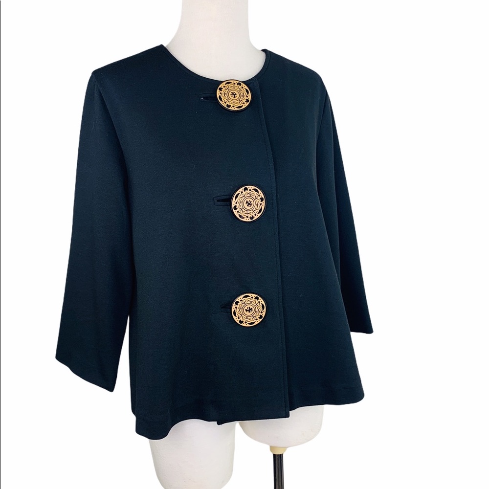 COLDWATER CREEK Vintage Swing Smock Blazer Top Black Small Carved Wood Buttons - Picture 3 of 9